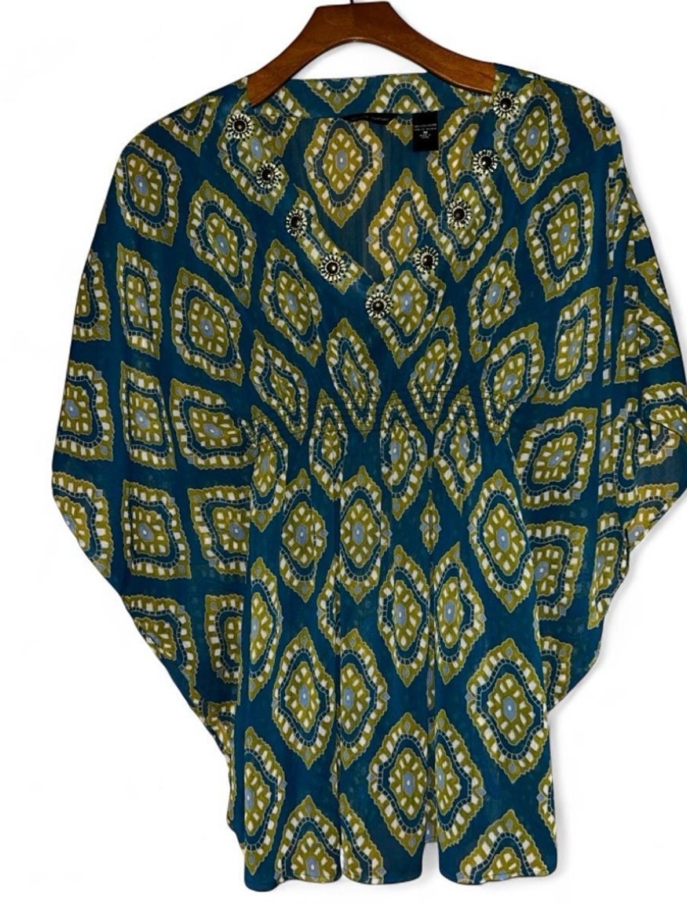 Boho Blue and green geometric diamond pattern blouse with white accents